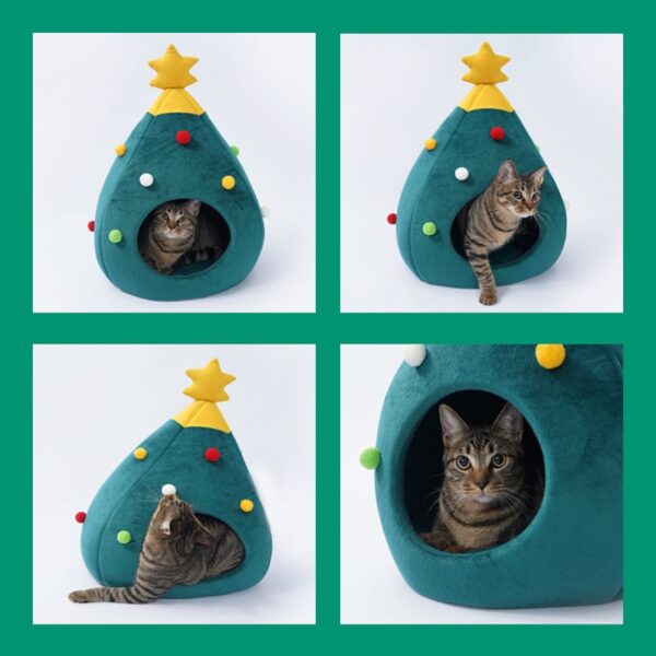 Green Christmas Cat Felt Cave Bed Tree Shape Semi Closed Pet Nest Cats Pets House Winter 2
