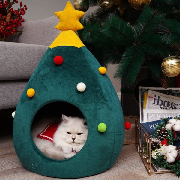 Green Christmas Cat Felt Cave Bed Tree Shape Semi Closed Pet Nest Cats Pets House Winter 3