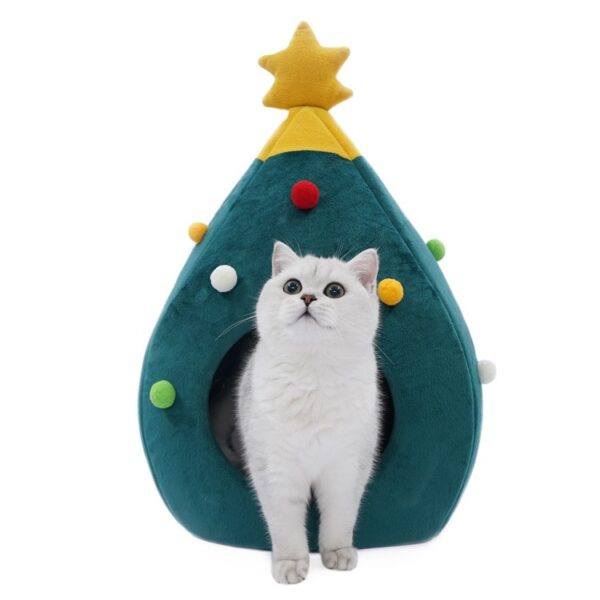 Green Christmas Cat Felt Cave Bed Tree Shape Semi Closed Pet Nest Cats Pets House Winter 4