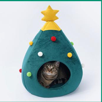 Green Christmas Cat Felt Cave Bed Tree Shape Semi Closed Pet Nest Cats Pets House