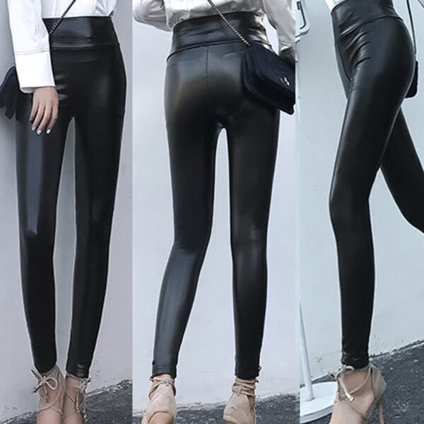 Новае прыбыццё Stretch Fit Чорныя летнія PU скураныя фарбы з высокай таліяй Штаны для жанчын Восень 5