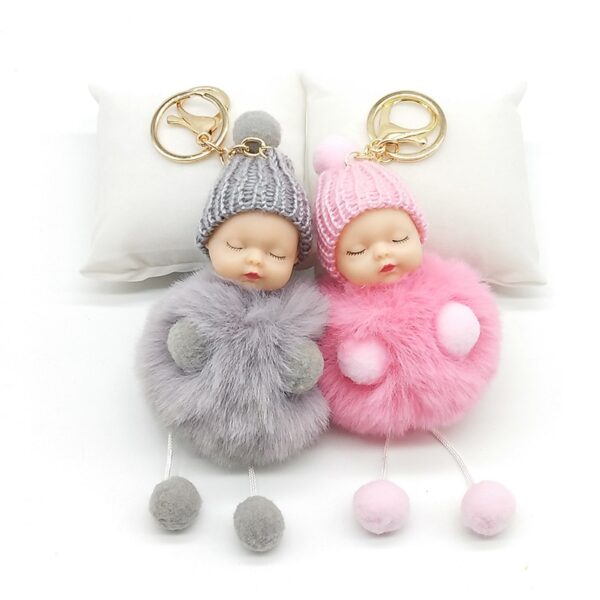 ZOEBER Rabbit Fur Ball Key Chain Hands Sleeping Baby Doll Keychain Pompom Car Keyring Women Holder 3