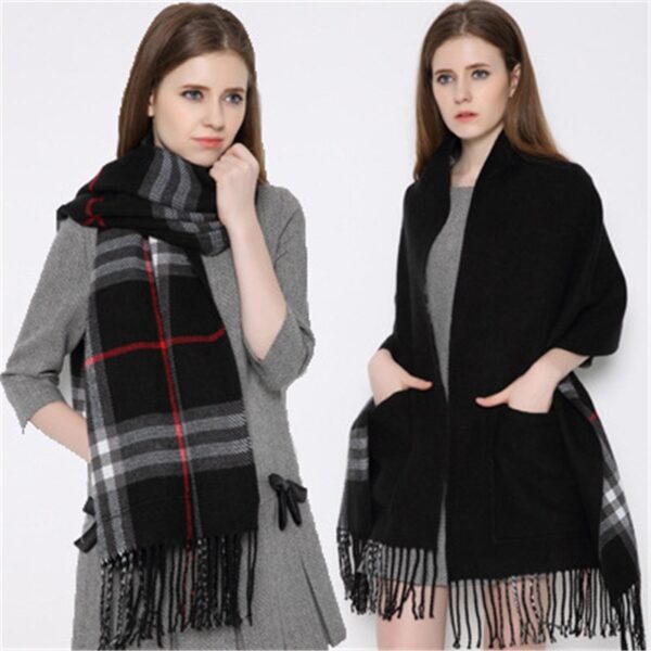 2019 Trendy Cashmere Plaid Scarf With Pocket Women Warm Winter Scarves Shawls Blanket Scarf Bufandas Invierno