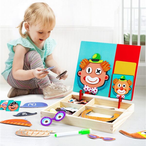 3D Wooden Magnetic Puzzle Toys Sticker Montessori Baby Dress Up Educational Figure Animals Vehicle Drawing Board 1