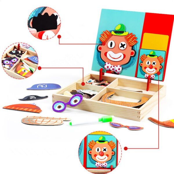 3D Wooden Magnetic Puzzle Toys Sticker Montessori Baby Dress Up Educational Figure Animals Vehicle Drawing Board 3