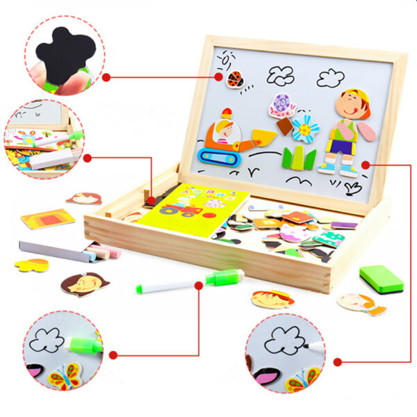 3D Wooden Magnetic Puzzle Toys Sticker Montessori Baby Dress Up Educational Figure Animals Vehicle Drawing Board 4