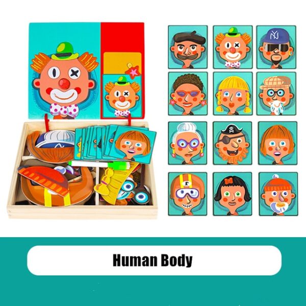 3D Wooden Magnetic Puzzle Toys Sticker Montessori Baby Dress Up Educational Figure Animals Vehicle Drawing