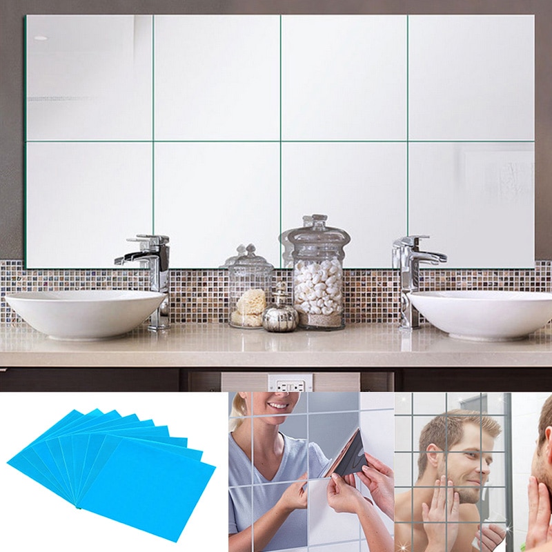 32X Glass Mirror Tiles Wall Sticker Square Self-Adhesive Decor Stick On Art Home 