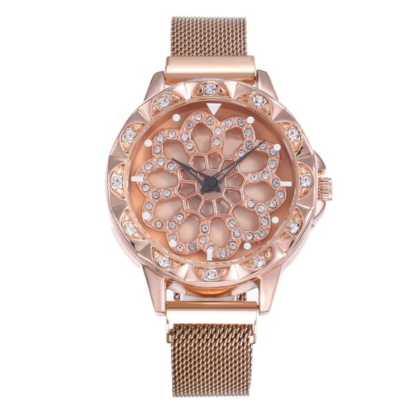 I-Luxury Rose Gold Watch Yabesifazane Idizayini Ekhethekile engu-360 Degrees Rotation Diamond Dial Watches Mesh Magnet Starry 1