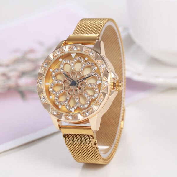 I-Luxury Rose Gold Watch Yabesifazane Idizayini Ekhethekile engu-360 Degrees Rotation Diamond Dial Watches Mesh Magnet Starry 3