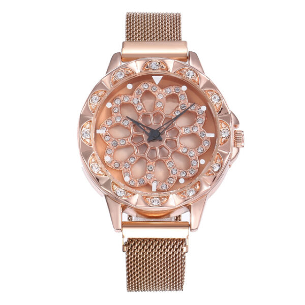 I-Luxury Rose Gold Watch Women Design Special 360 Degrees Rotation Diamond Dial Watches Mesh Magnet