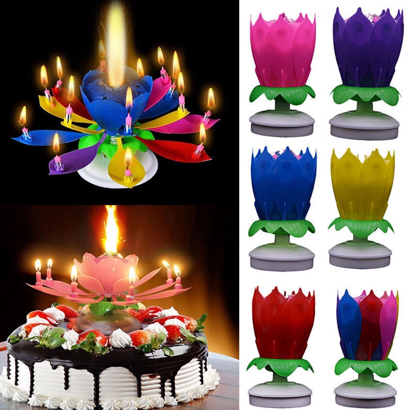 Musical Candle Lotus Flower Rotating Candles Light Happy Birthday Party Gift~ 