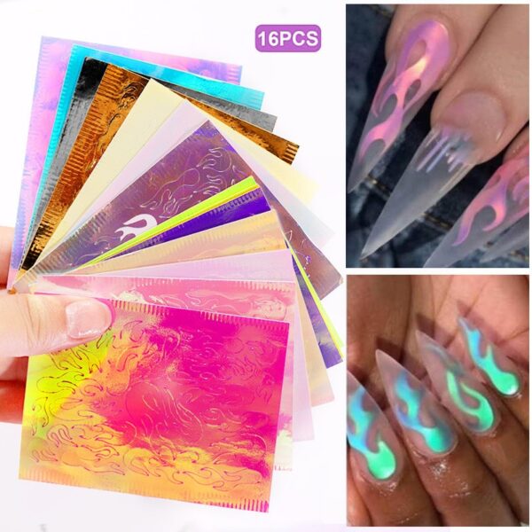 16Pcs Fire Holographic Strip Tape Nail Art Stickers Thin Laser Silver DIY Foil Decal Nails Sticker