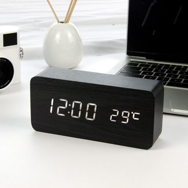 LED Wooden Alarm Clock Watch Table Voice Control Digital Wood Despertador Electronic Desktop USB AAA Powered 2