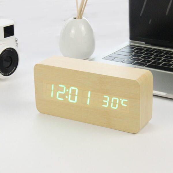 LED Wooden Alarm Clock Watch Table Voice Control Digital Wood Despertador Electronic Desktop USB AAA Powered 4