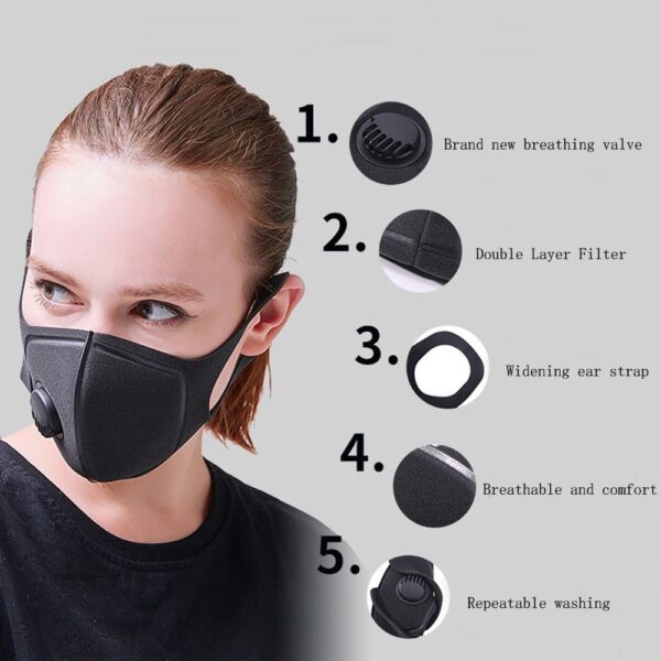 ຜູ້ຊາຍ Anti Anti Dust Mask Anti PM2 5 ມົນລະພິດໃບ ໜ້າ ທີ່ເປັນມົນລະພິດທາງປາກ ສຳ ລັບເຮັດ ໜ້າ ກາກວາວ ດຳ Breathable Valve Mask 1
