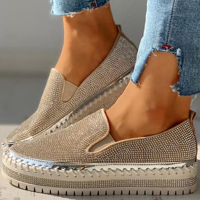 , ქალთა შემთხვევითი მოდის Rhinestone Slip-on Sneakers