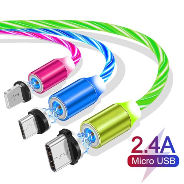 သံလိုက်အားသွင်းကြိုး LED Glow Flowing USB Charge Type C Micro USB 8 Pin အမြန်အားသွင်းခြင်း ၁