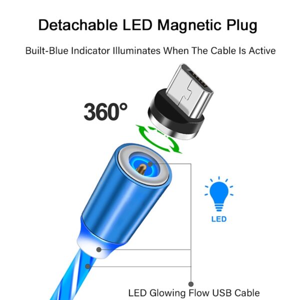 Magnetic Charger Cable LED Glow Flowing USB Charge Type C Micro USB 8 Pin Fast Charging 4