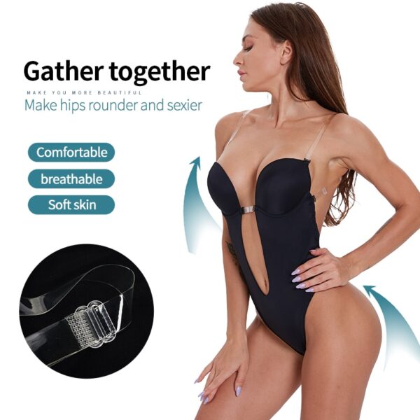 Entrenador de cintura moldeador de barriga Faja Faja mujer Body en V profundo con tirantes transparentes sin espalda Plunge 3