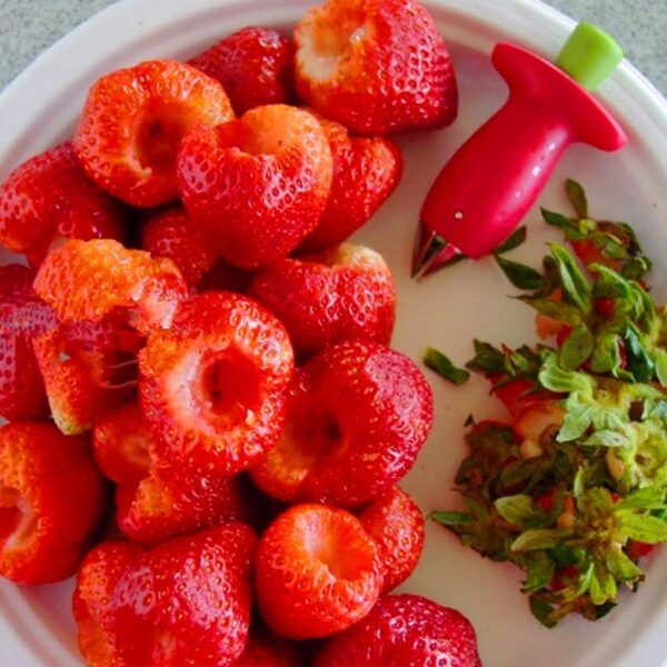 1 sztuk łuskacz truskawek przyrząd do usuwania liści owoców akcesoria kuchenne metalowe łodygi pomidorów plastikowy przyrząd do usuwania łodyg gadżet kuchnia 4