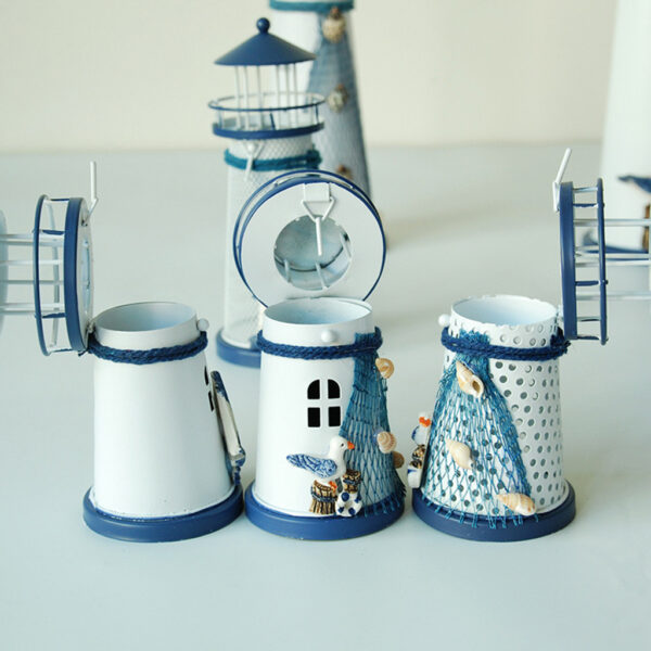 Mediterranean Lighthouse Iron Candle Candlestick Blue White Home Table Decor Drop shipping Independent station supplier festival 1