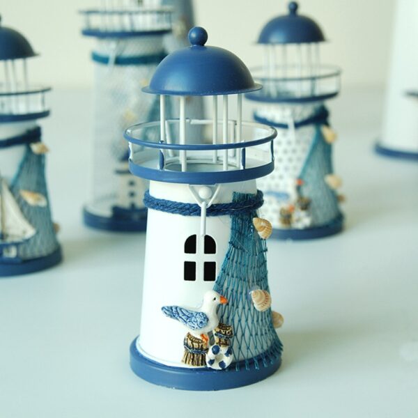 Mediterranean Lighthouse Iron Candle Candlestick Blue White Home Table Decor Ihulog ang shipping Independent station supplier festival