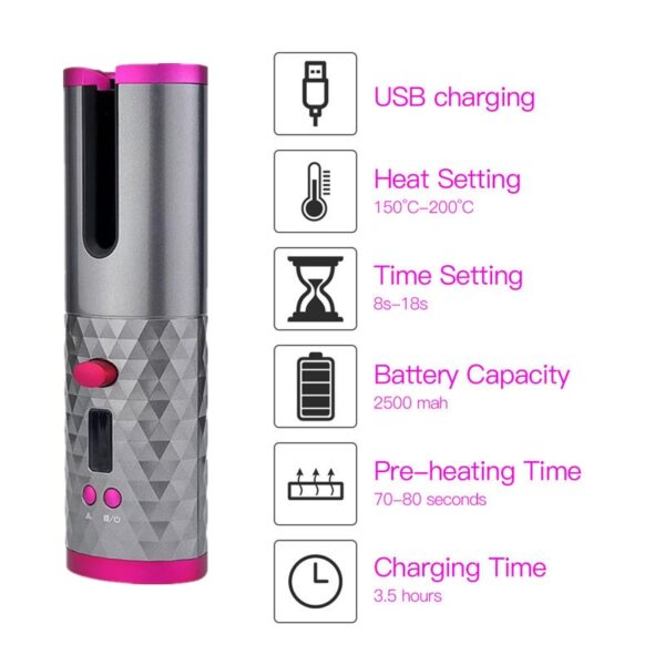 Curler Aeir gan sreang iarann ​​tlúire gan sreang Curler Iron USB Curler Air Rechargeable le haghaidh Tonn Curls LCD 1