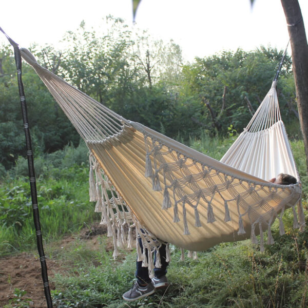 Hammock Boho Dakong Brazilian Macrame Fringe 2 Person Double Deluxe Hammock Swing Net Chair nga nagbitay sa sulod