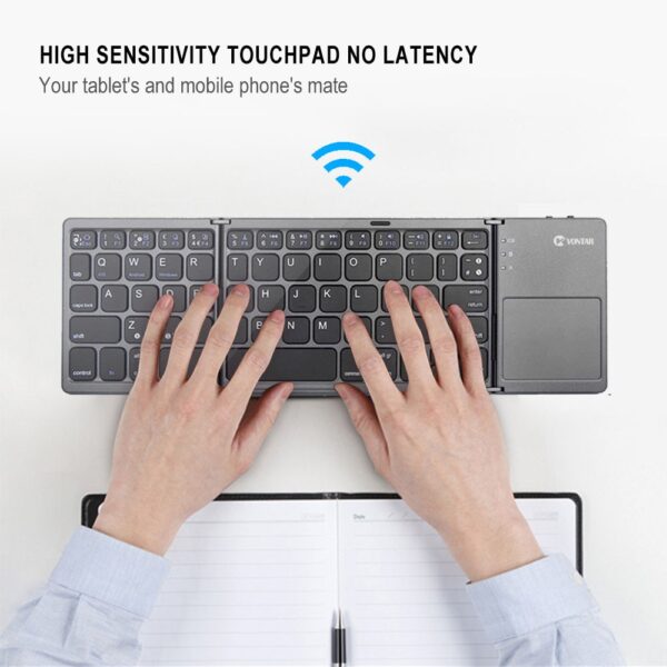 Portable Folding Bluetooth Mini klavye Foldable Wireless Klavye Touchpad Ris En klavye pou IOS android Windows 4