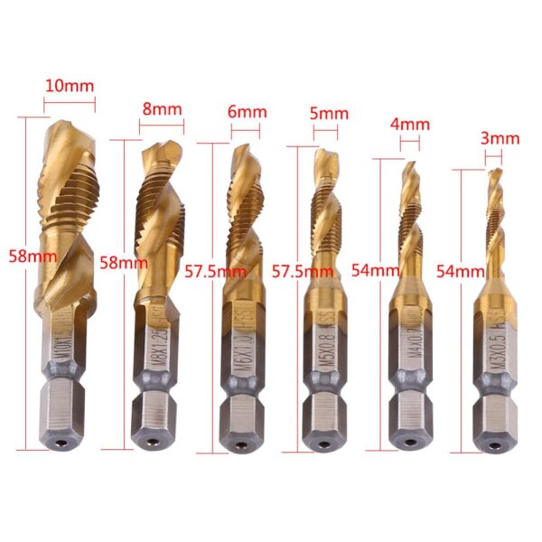 Sgriubha 6pcs M3 M10 Tap Drill Bits Hss Taps Countersink Deburr Suidhich measgachadh meatrach ìre àrd 5