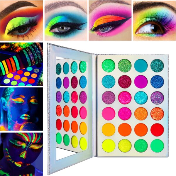 DE LANCI Aurora Glow Eyeshadow Stage Clubbing Neon meikkisetti mustana UV-hehkuna