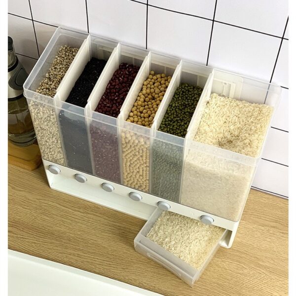 Wonderlife 10KG Wall Mounted Divided Rice and Cereal Dispenser 6 Moisture Proof Plastic Automatic Racks Sealed 3