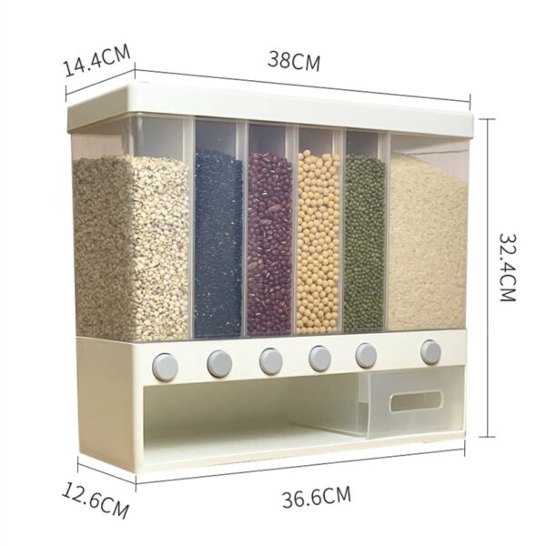 Wonderlife 10KG Wall Mounted Divided Rice and Cereal Dispenser 6 Moisture Proof Plastic Automatic Racks Sealed 4