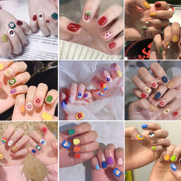 24pcs Dəst Karikatura Naxışı Qısa Yalan Dırnaqlar Çiyələk Yumurta Yay Saxta Dırnaq Qızlar üçün Nail Art 2