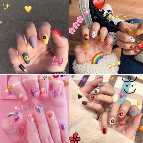 24pcs Dəst Karikatura Naxışı Qısa Yalan Dırnaqlar Çiyələk Yumurta Yay Saxta Dırnaq Qızlar üçün Nail Art 4