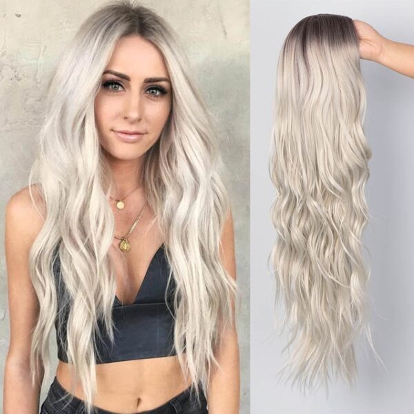 AISI BEAUTY Long Wavy Womens Wig natural na Bahagi Side Buhok Ombre Synthetic Wigs Platinum Blonde