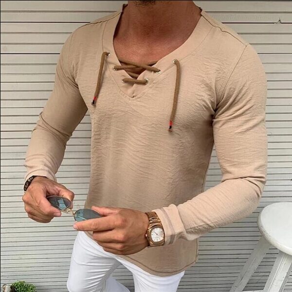 Fashion Shirt Men s Slim Fit V Neck Tops Vintage Baggy Autumn Long Sleeve Muscle Tee 1