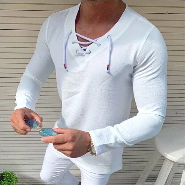 Fashion Shirt Men s Slim Fit V Neck Tops Vintage Baggy Autumn Long Sleeve Muscle Tee 2