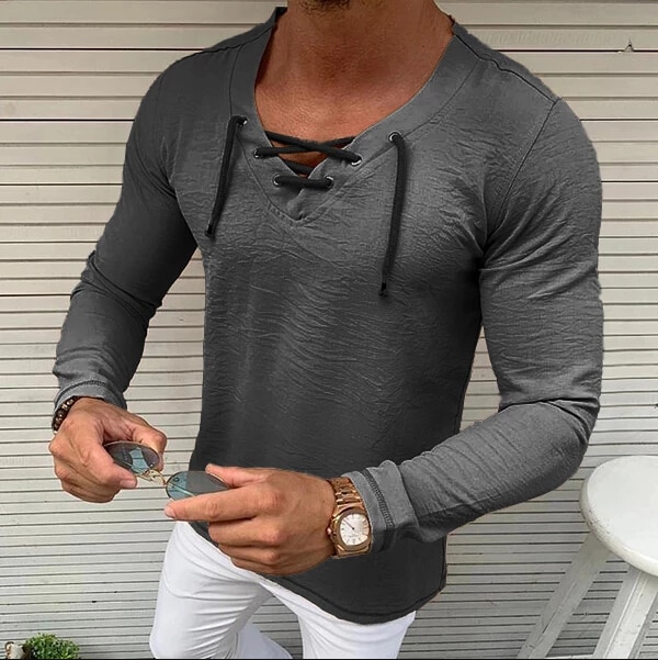 Kaimu Men Casual V-Neck Long Sleeve Solid Slim Pullover T-Shirt Top T-Shirts