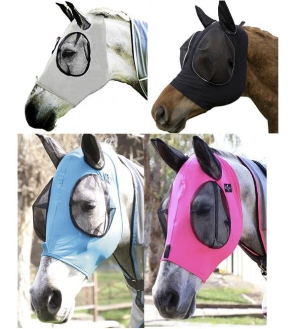 Maschera antimosche per cavalli con orecchie a caschetto colore blu rosa nero elastico 83 125 cm regolabile Anti