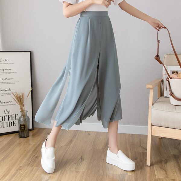 Ice Silk Chiffon Wide Legged Pants Women Summer Casual Loose Fake Two Piece Pants Skirt 2020