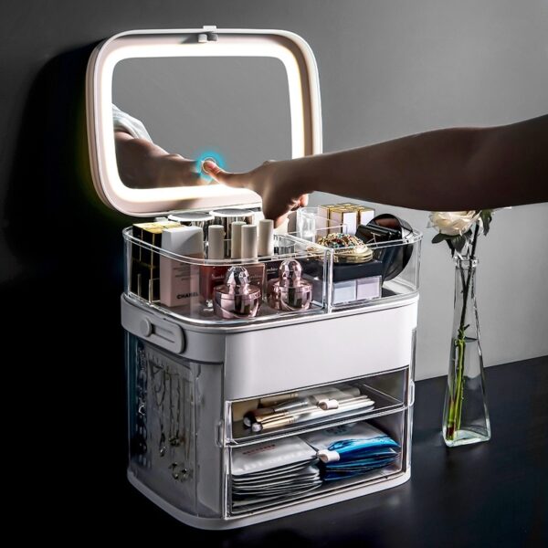LED Mirror Cosmetic Organizer Portable Makeup Storage Box Jewelry Box Large Make Up Lipstick Container Bathroom