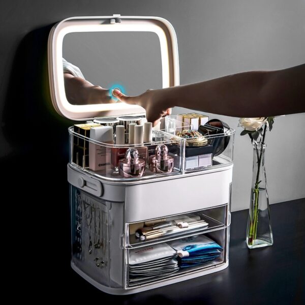 ʻO LED Mirror Cosmetic Organizer Portable Makeup Storage Box Jewelry Box Nui Make Up Lipstick Container lumi ʻauʻau.