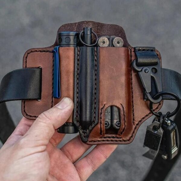 Leather Tool Knife Sheath 2 Pockets Multitools Holder Essentials Organizer Belt Pouch for Pocket Hunt Tactical