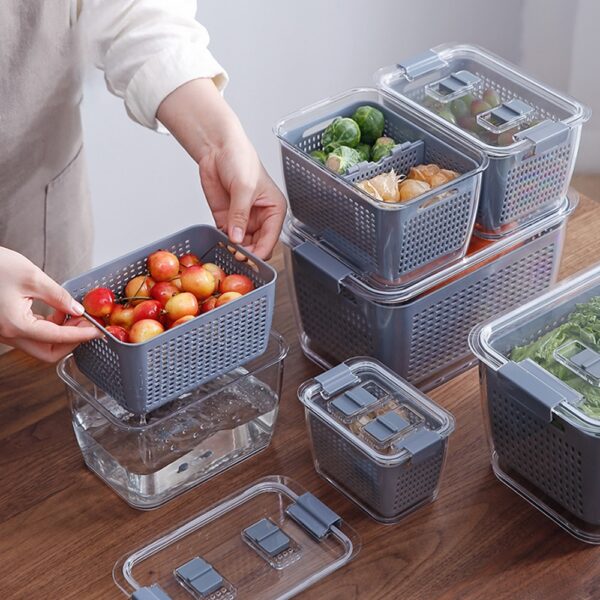 Multifunctional Box ng Pagkain na Labis na Presko sa pagpapanatili ng Kahon Plastik na Hugasan na Prutas At Gulay na Pag-alisan ng Basket na Kusina Refrigerator 7