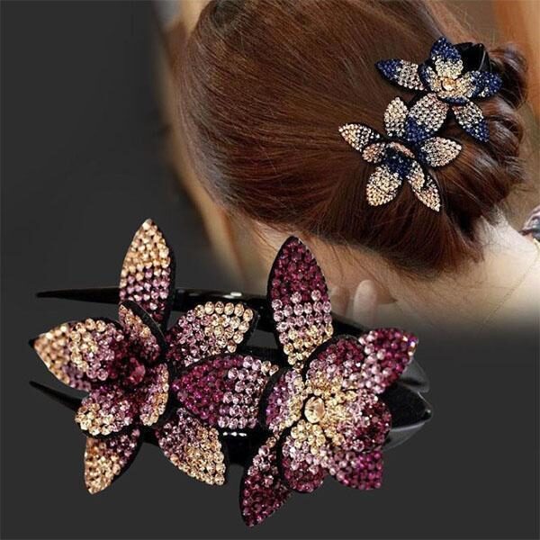 Rhinestone Double Flower Hair Clip Hair Crystal Peals Hair Combs Female Elegant Beads Hairgrip Handmade Fashion