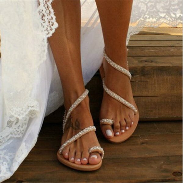 Summer Flat Sandals Sweet Boho Pearl Decoration Sandals Leather Flats Plus Size Women Beach Sand Holiday 3