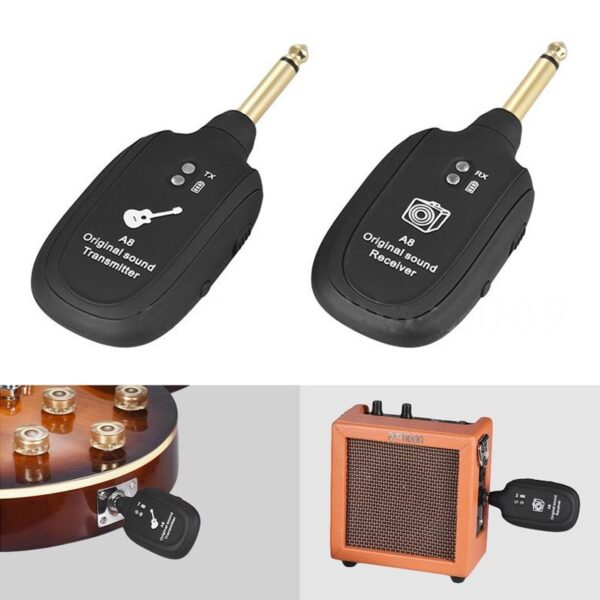 UHF Guitar Wireless System Transmitter Receiver Fausia i le Rechargeable uaealesi kitara transmitter 1