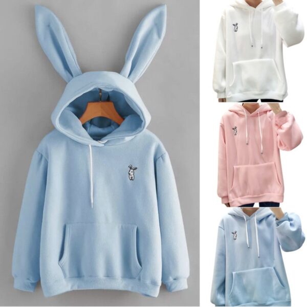 Femmes mignon lapin imprimé fille à capuche décontracté à manches longues sweat pull oreilles haut de grande taille Sweatershirt 3